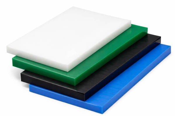 UHMWPE sheets stacked in natural white, green, black and blue, showing the machined edge of each sheet